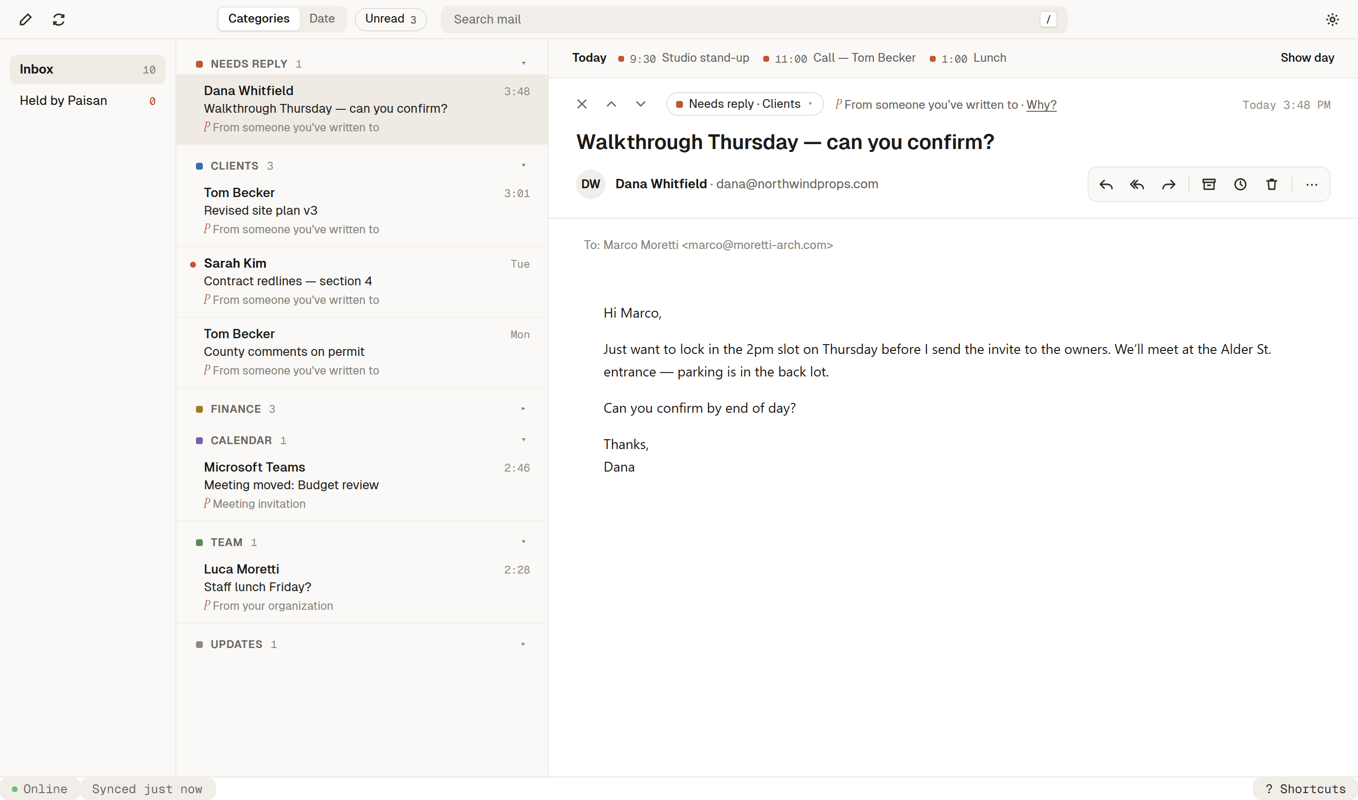 The Paisan Mail inbox, sorted into categories, with a message open